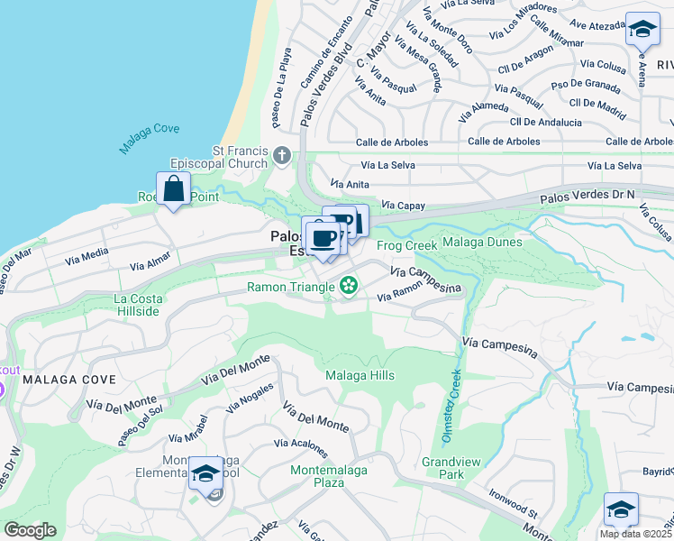 map of restaurants, bars, coffee shops, grocery stores, and more near 2425 Vía Campesina in Palos Verdes Estates