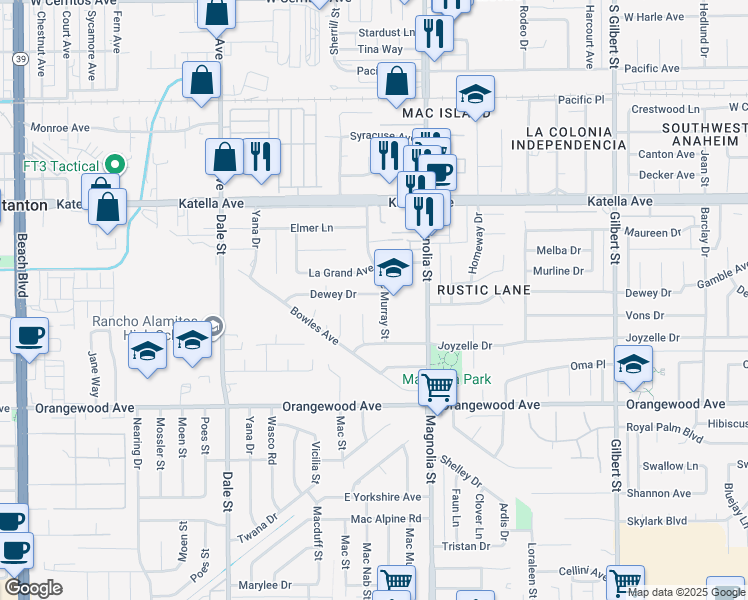 map of restaurants, bars, coffee shops, grocery stores, and more near 8842 Dewey Drive in Garden Grove