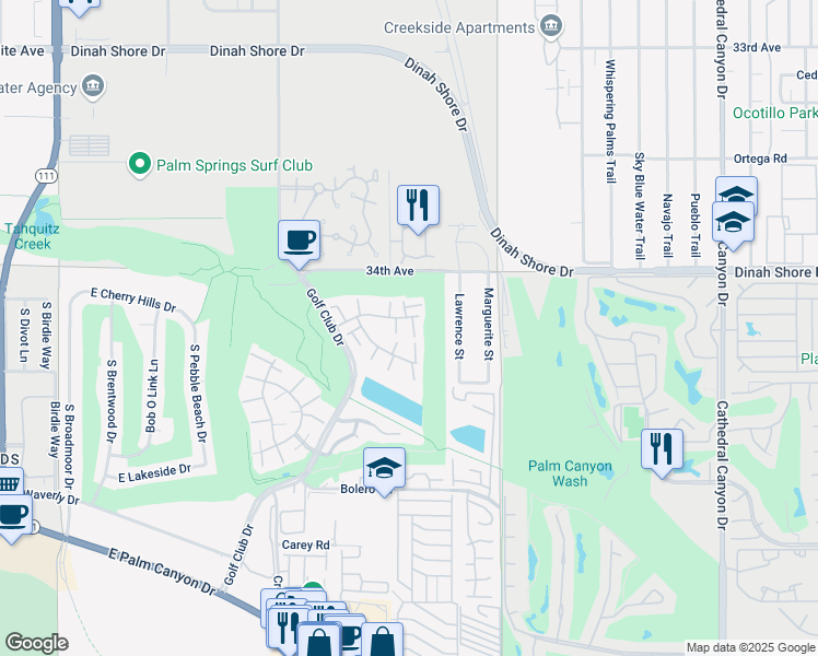 map of restaurants, bars, coffee shops, grocery stores, and more near 6105 Montecito Drive in Palm Springs