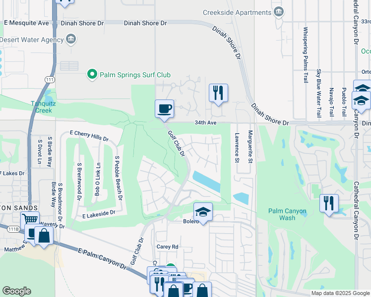 map of restaurants, bars, coffee shops, grocery stores, and more near 5951 Montecito Drive in Palm Springs