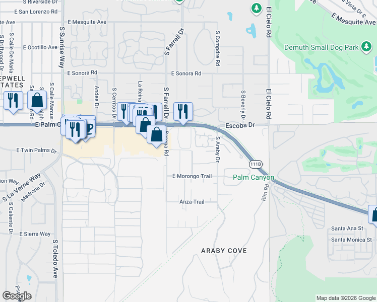 map of restaurants, bars, coffee shops, grocery stores, and more near 2701 Pintura Circle East in Palm Springs