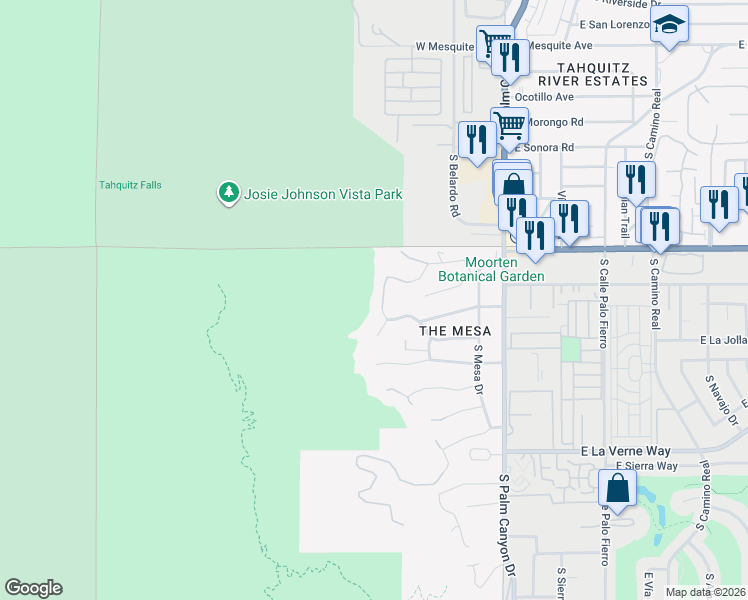 map of restaurants, bars, coffee shops, grocery stores, and more near 1716 Ridge Road in Palm Springs