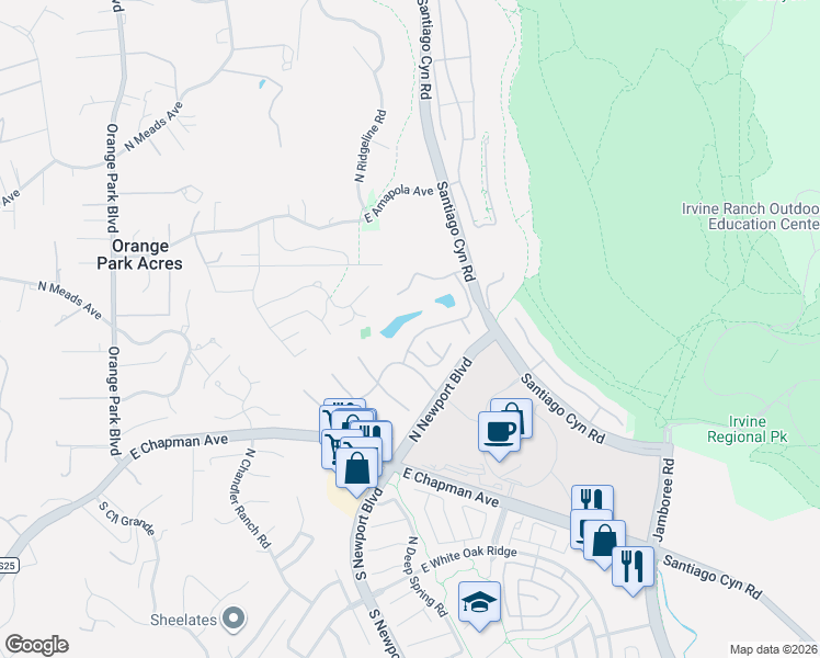 map of restaurants, bars, coffee shops, grocery stores, and more near 664 North Lemon Hill Trail in Orange