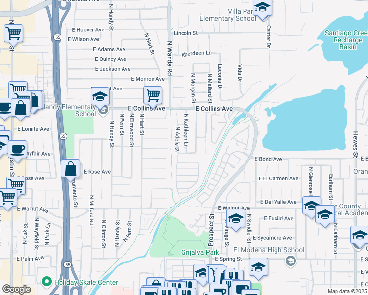 map of restaurants, bars, coffee shops, grocery stores, and more near 735 North Kathleen Lane in Orange