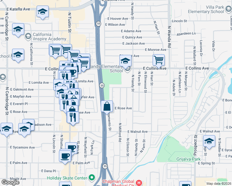 map of restaurants, bars, coffee shops, grocery stores, and more near 2226 East Mayfair Avenue in Orange