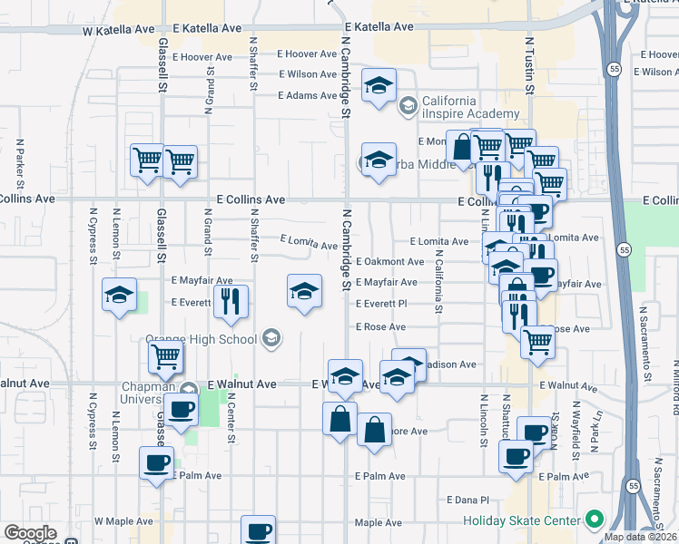 map of restaurants, bars, coffee shops, grocery stores, and more near 746 North Cambridge Street in Orange