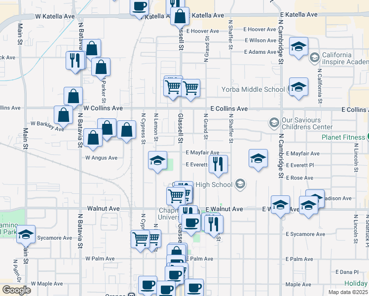 map of restaurants, bars, coffee shops, grocery stores, and more near 736 North Glassell Street in Orange