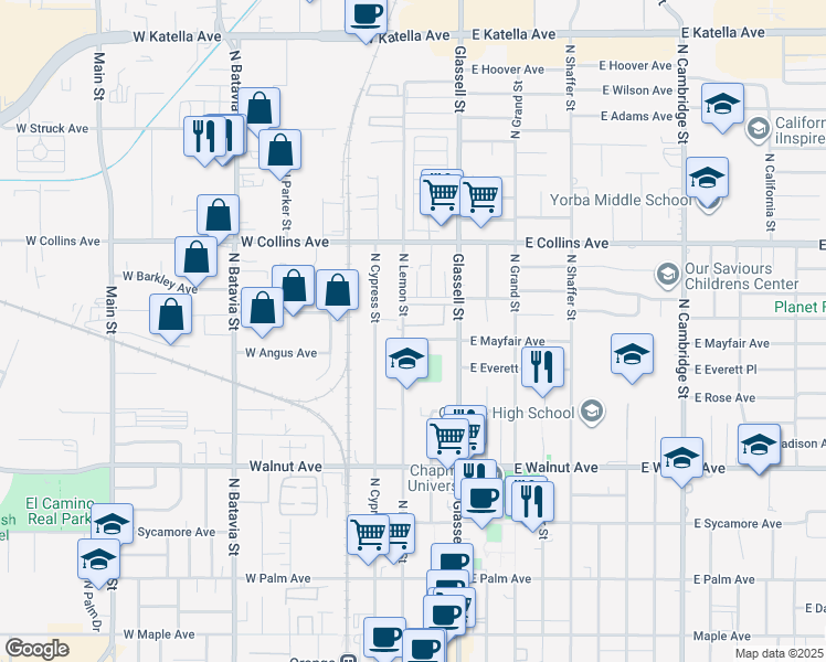 map of restaurants, bars, coffee shops, grocery stores, and more near 703 North Lemon Street in Orange
