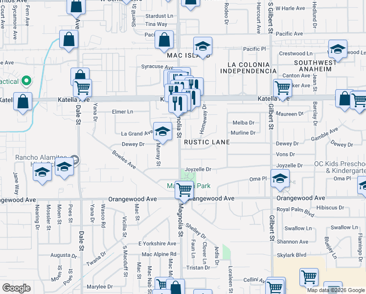 map of restaurants, bars, coffee shops, grocery stores, and more near 9041 Rosanna Avenue in Garden Grove