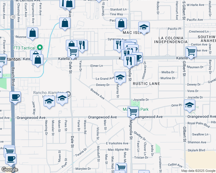 map of restaurants, bars, coffee shops, grocery stores, and more near 8772 Dewey Drive in Garden Grove