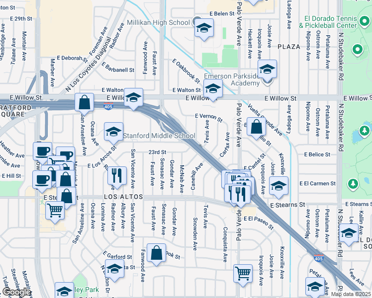 map of restaurants, bars, coffee shops, grocery stores, and more near 6135 23rd Street in Long Beach