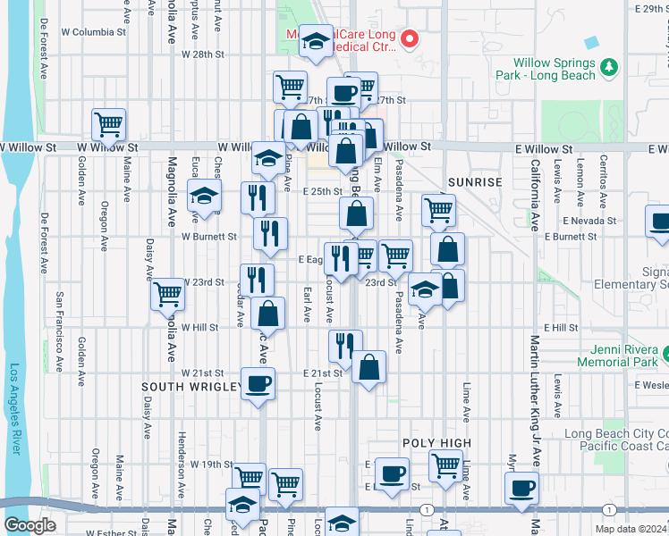 map of restaurants, bars, coffee shops, grocery stores, and more near 154 East Eagle Street in Long Beach
