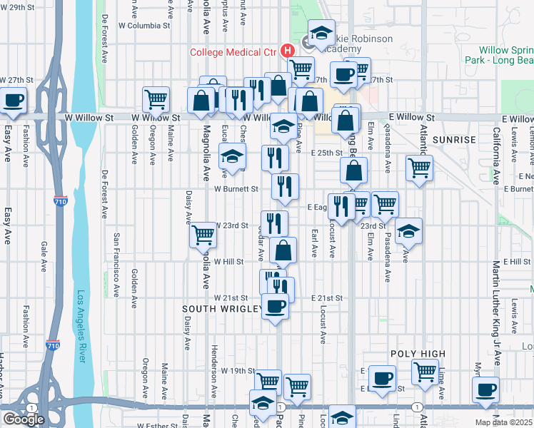 map of restaurants, bars, coffee shops, grocery stores, and more near 2333 Pacific Avenue in Long Beach