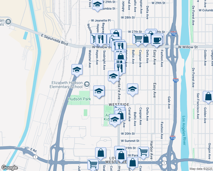 map of restaurants, bars, coffee shops, grocery stores, and more near 2325 Seabright Avenue in Long Beach