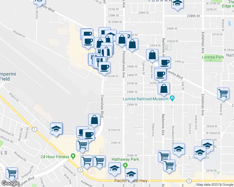 map of restaurants, bars, coffee shops, grocery stores, and more near 2419 248th Street in Lomita