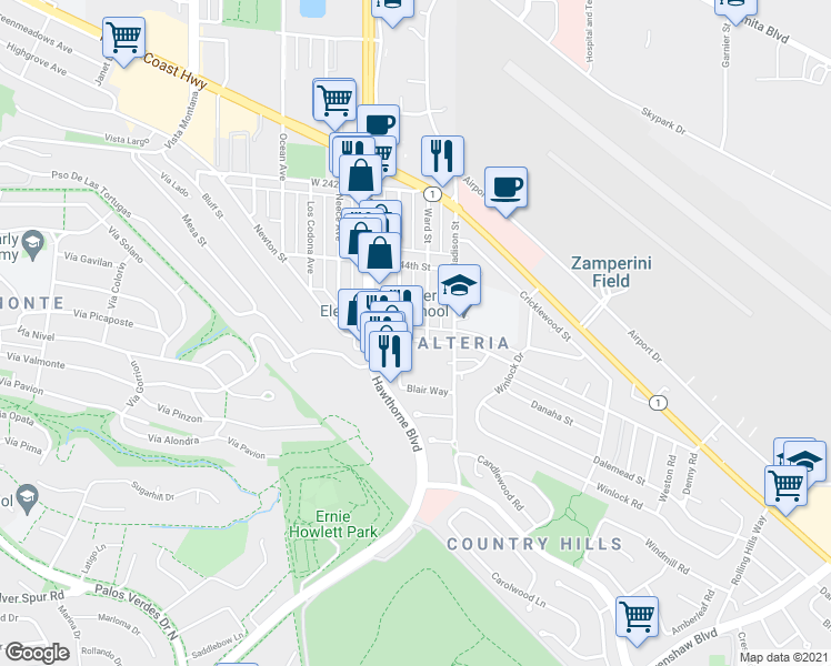 map of restaurants, bars, coffee shops, grocery stores, and more near 3711 Newton Street in Torrance