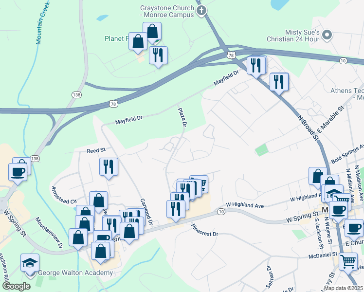 map of restaurants, bars, coffee shops, grocery stores, and more near 571 Plaza Drive in Monroe