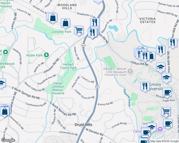 map of restaurants, bars, coffee shops, grocery stores, and more near 1612 Briarcliff Road Northeast in Atlanta