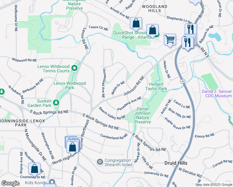 map of restaurants, bars, coffee shops, grocery stores, and more near 1666 Johnson Road Northeast in Atlanta