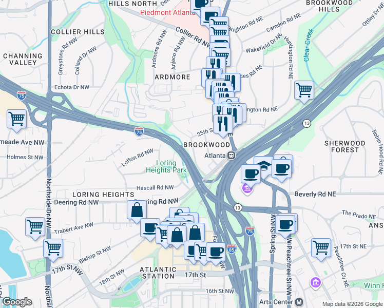 map of restaurants, bars, coffee shops, grocery stores, and more near 56 Alden Avenue Northwest in Atlanta