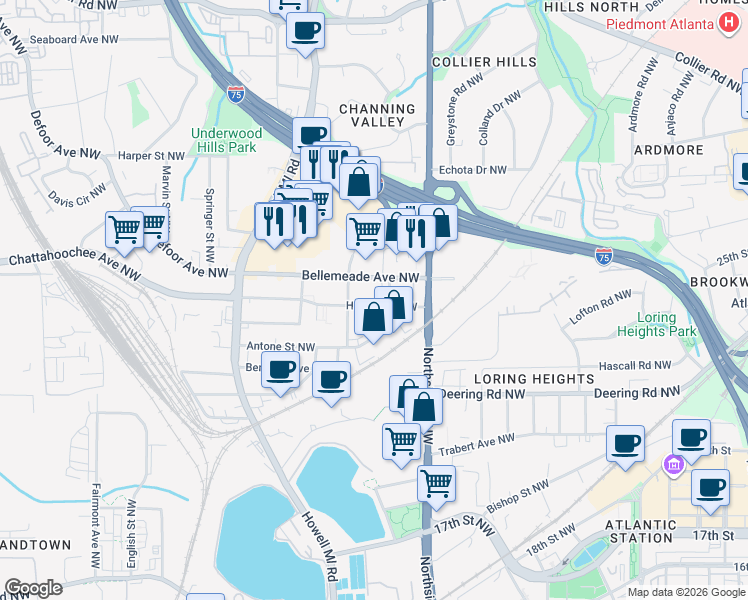 map of restaurants, bars, coffee shops, grocery stores, and more near 677 Holmes Street Northwest in Atlanta
