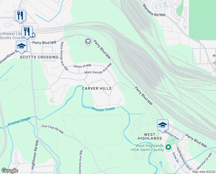 map of restaurants, bars, coffee shops, grocery stores, and more near 2172 Addison Place Northwest in Atlanta