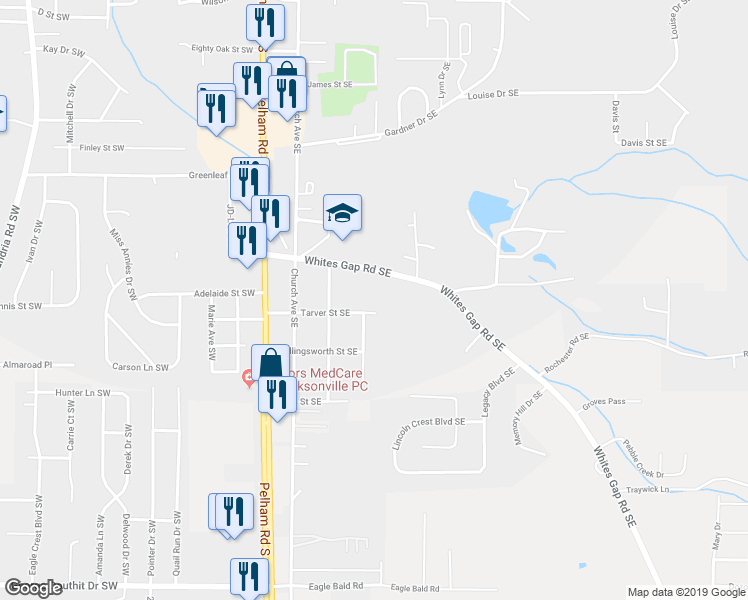 map of restaurants, bars, coffee shops, grocery stores, and more near 406 Tarver Street Southeast in Jacksonville