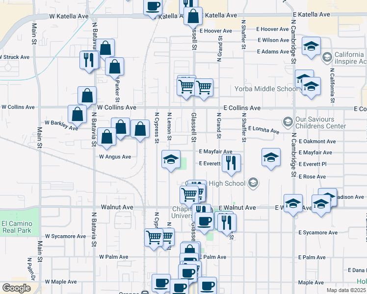 map of restaurants, bars, coffee shops, grocery stores, and more near 145 West Mayfair Avenue in Orange