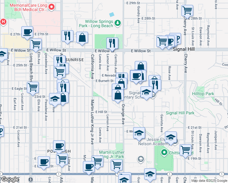 map of restaurants, bars, coffee shops, grocery stores, and more near 2315 Cerritos Avenue in Signal Hill