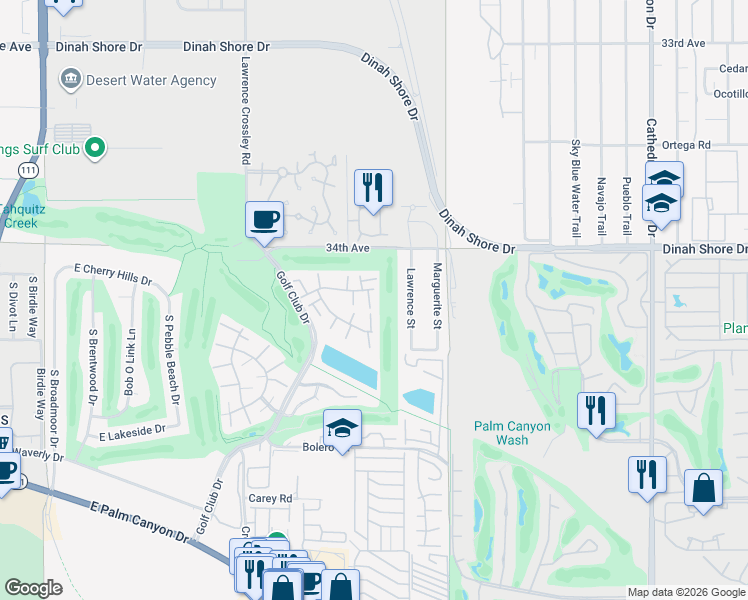 map of restaurants, bars, coffee shops, grocery stores, and more near 6175 Montecito Drive in Palm Springs