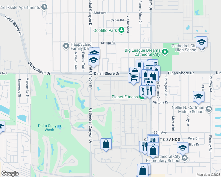 map of restaurants, bars, coffee shops, grocery stores, and more near 166 Larson Drive in Cathedral City