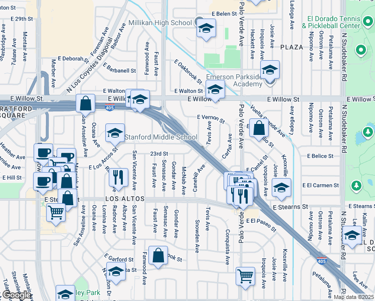 map of restaurants, bars, coffee shops, grocery stores, and more near 6135 23rd Street in Long Beach