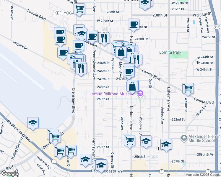map of restaurants, bars, coffee shops, grocery stores, and more near 2306 248th Street in Lomita