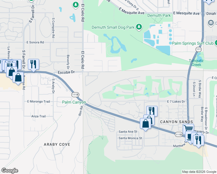 map of restaurants, bars, coffee shops, grocery stores, and more near 139 Desert Lakes Drive in Palm Springs