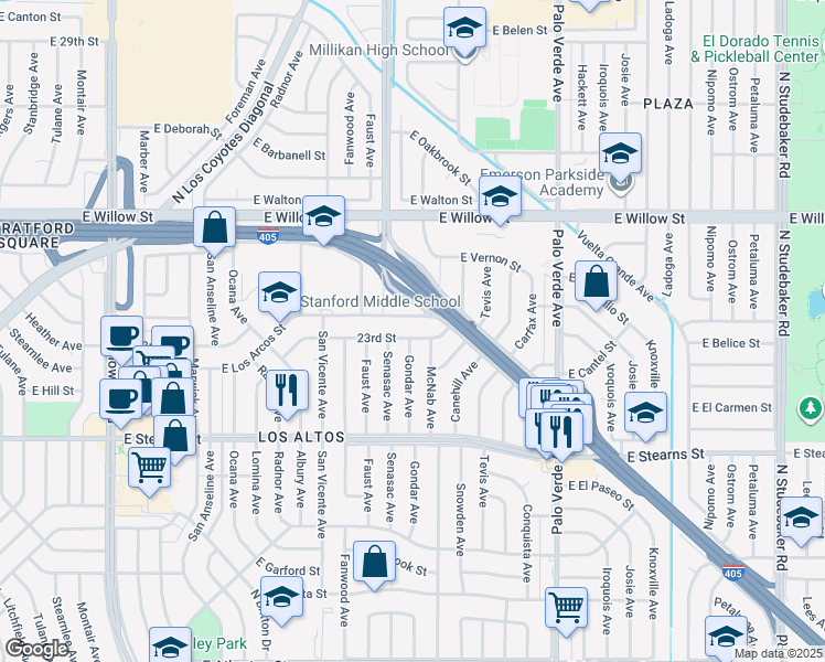 map of restaurants, bars, coffee shops, grocery stores, and more near 6101 23rd Street in Long Beach