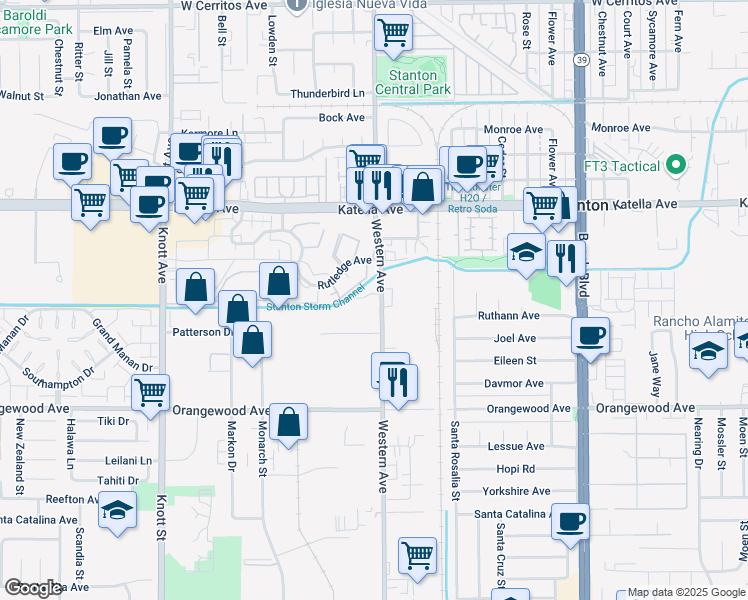 map of restaurants, bars, coffee shops, grocery stores, and more near 11241 Western Avenue in Stanton