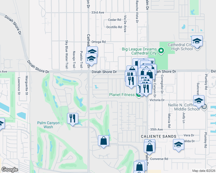 map of restaurants, bars, coffee shops, grocery stores, and more near 172 Larson Drive in Cathedral City