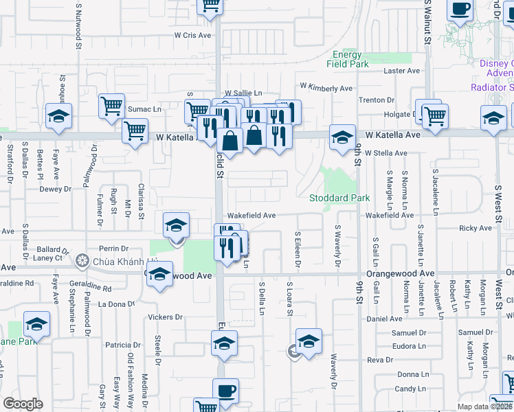 map of restaurants, bars, coffee shops, grocery stores, and more near 11122 Palma Vista Street in Garden Grove
