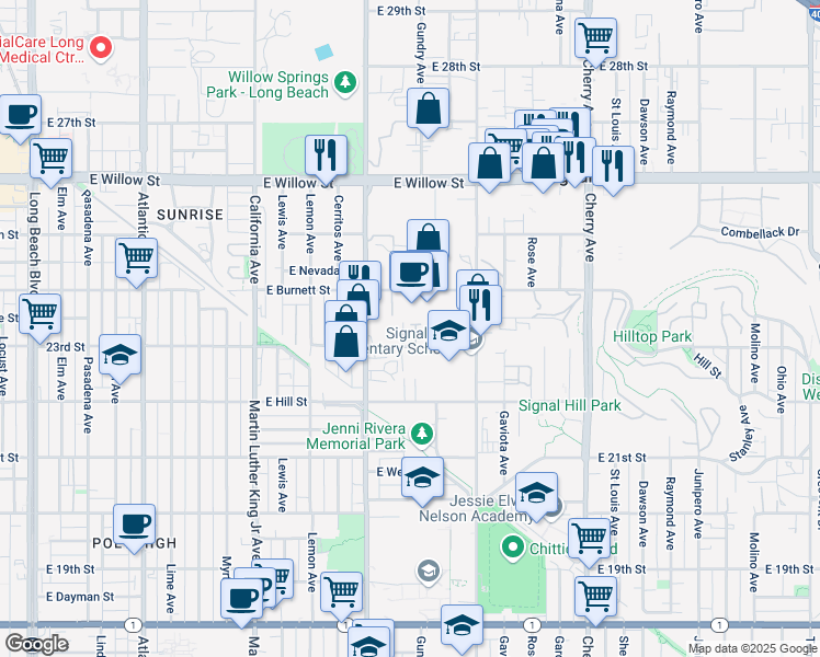 map of restaurants, bars, coffee shops, grocery stores, and more near 1377 23rd Street in Signal Hill