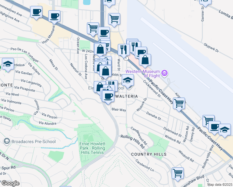 map of restaurants, bars, coffee shops, grocery stores, and more near 3659 Newton Street in Torrance