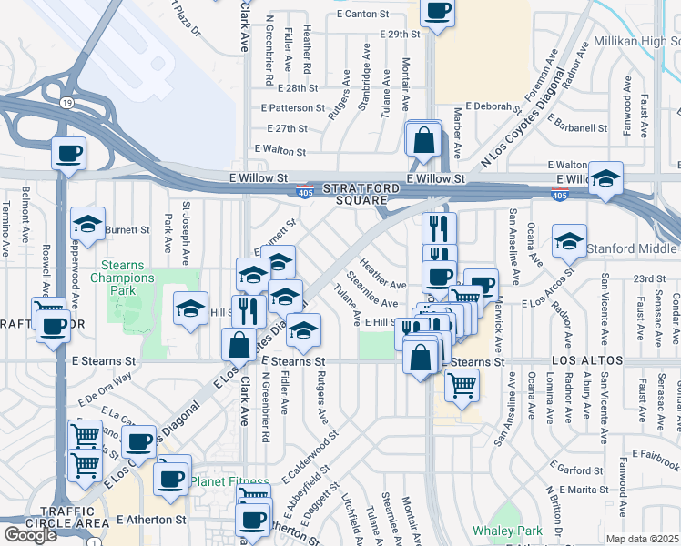 map of restaurants, bars, coffee shops, grocery stores, and more near 2337 Stearnlee Avenue in Long Beach