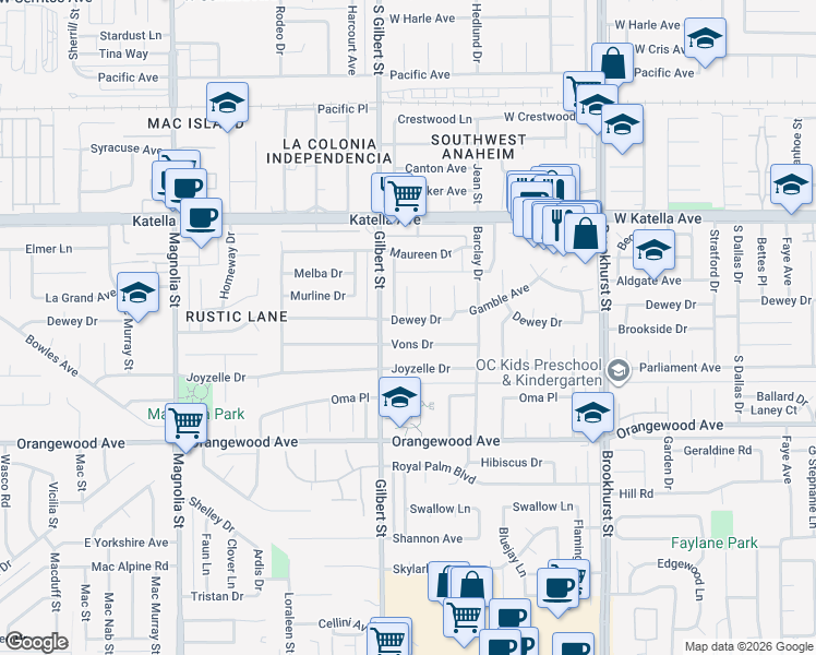 map of restaurants, bars, coffee shops, grocery stores, and more near 9552 Dewey Drive in Garden Grove