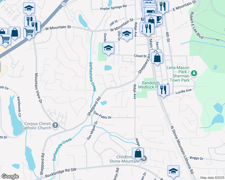 map of restaurants, bars, coffee shops, grocery stores, and more near 837 Sheppard Road in Stone Mountain