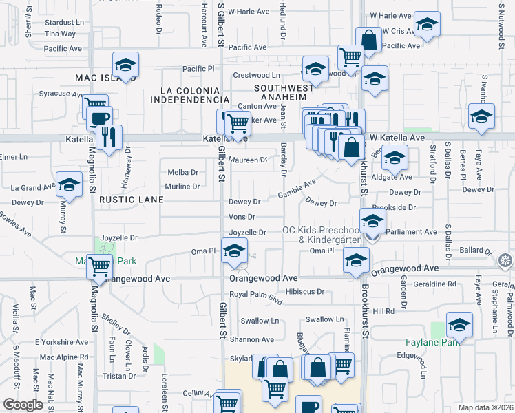 map of restaurants, bars, coffee shops, grocery stores, and more near 9618 Dewey Drive in Garden Grove