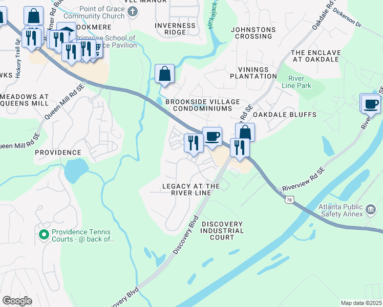 map of restaurants, bars, coffee shops, grocery stores, and more near 6222 Carrrage Gate Lane in Mableton