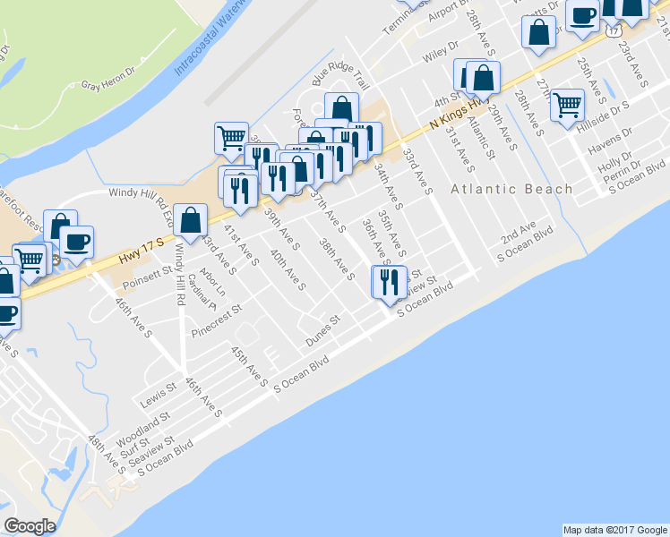 map of restaurants, bars, coffee shops, grocery stores, and more near 503 38th Avenue South in North Myrtle Beach