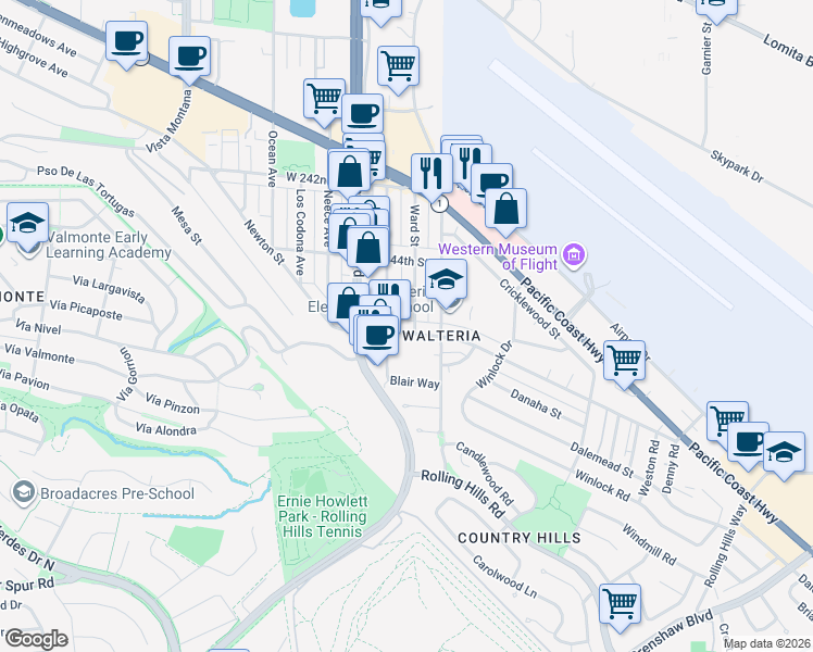 map of restaurants, bars, coffee shops, grocery stores, and more near 3659 Newton Street in Torrance