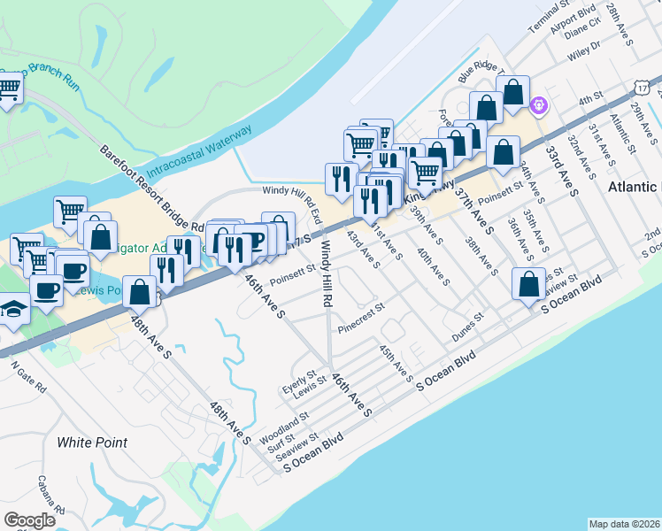 map of restaurants, bars, coffee shops, grocery stores, and more near 806 Arbor Lane in North Myrtle Beach