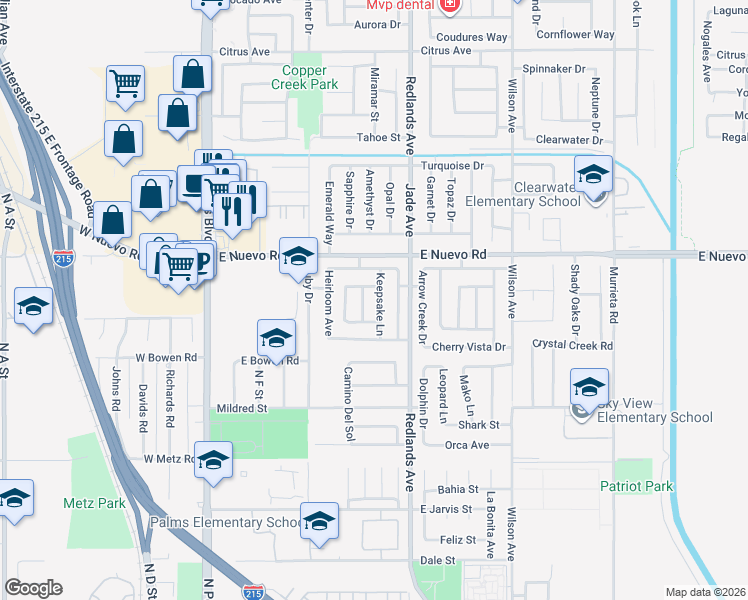 map of restaurants, bars, coffee shops, grocery stores, and more near 1506 Keepsake Lane in Perris