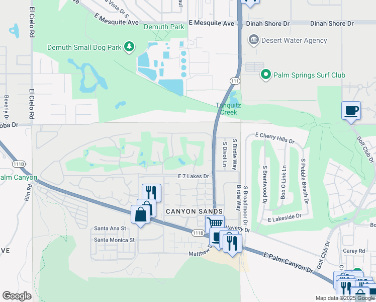 map of restaurants, bars, coffee shops, grocery stores, and more near 130 Eastlake Drive in Palm Springs